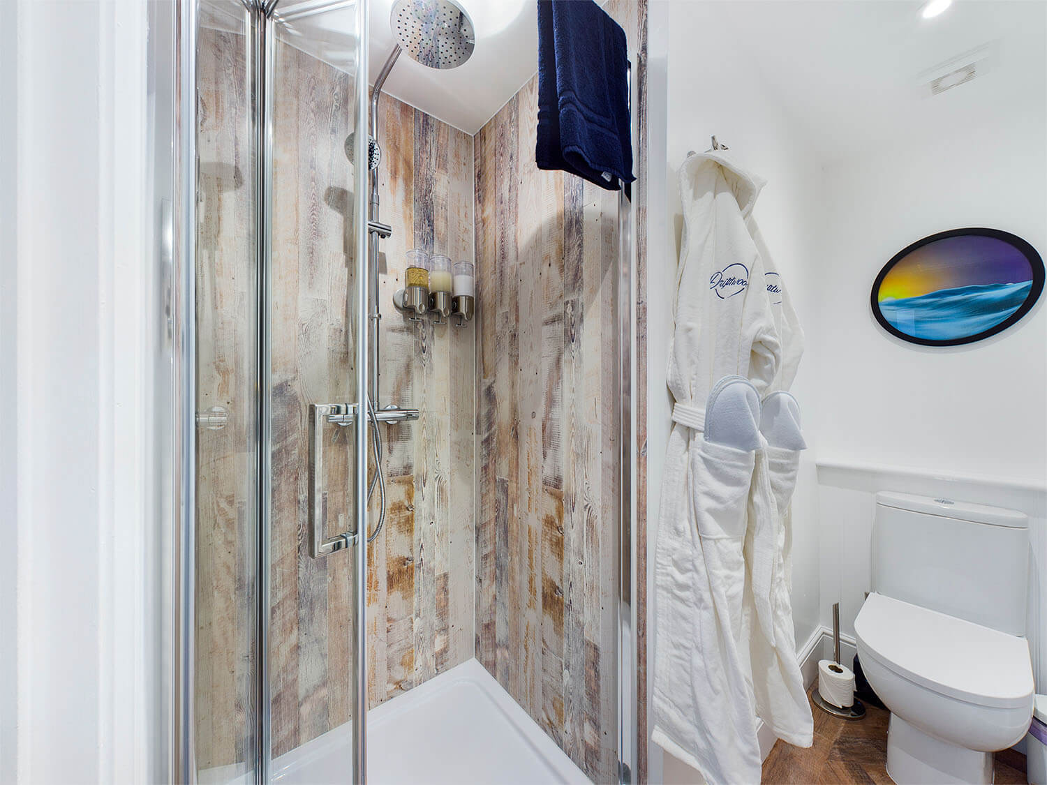 Driftwood Lodge bathroom with spacious shower, and bathrobe