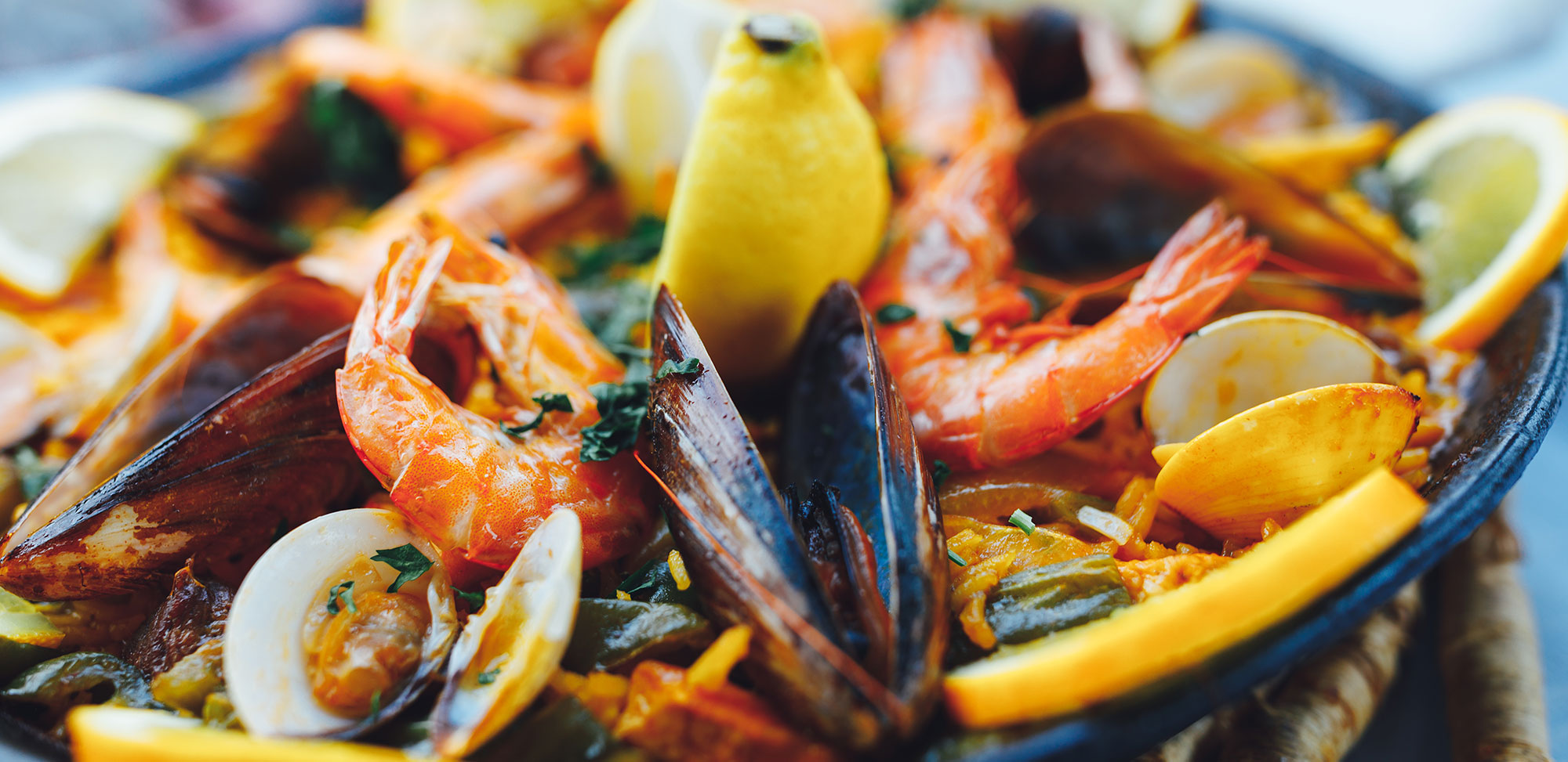 spanish seafood paella, closeup view