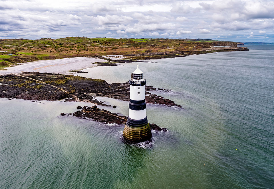Aerial view of Penmon point lighthouse on Anglesey