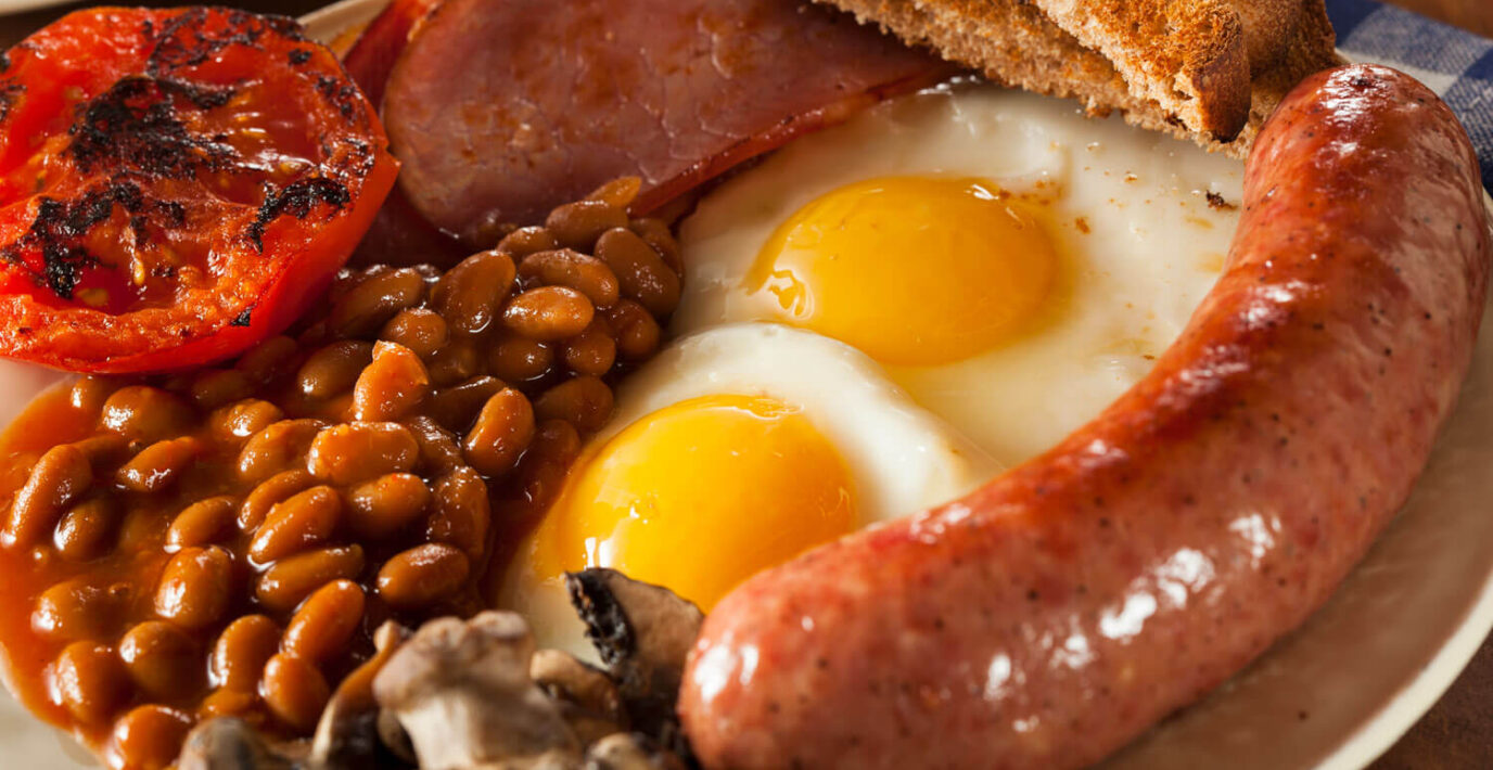 Traditional Full English Breakfast with Eggs, Bacon, Sausage, and Baked Beans
