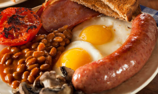 Traditional Full English Breakfast with Eggs, Bacon, Sausage, and Baked Beans