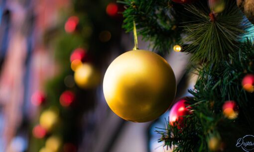 close up of a Christmas bauble on a Christmas tree